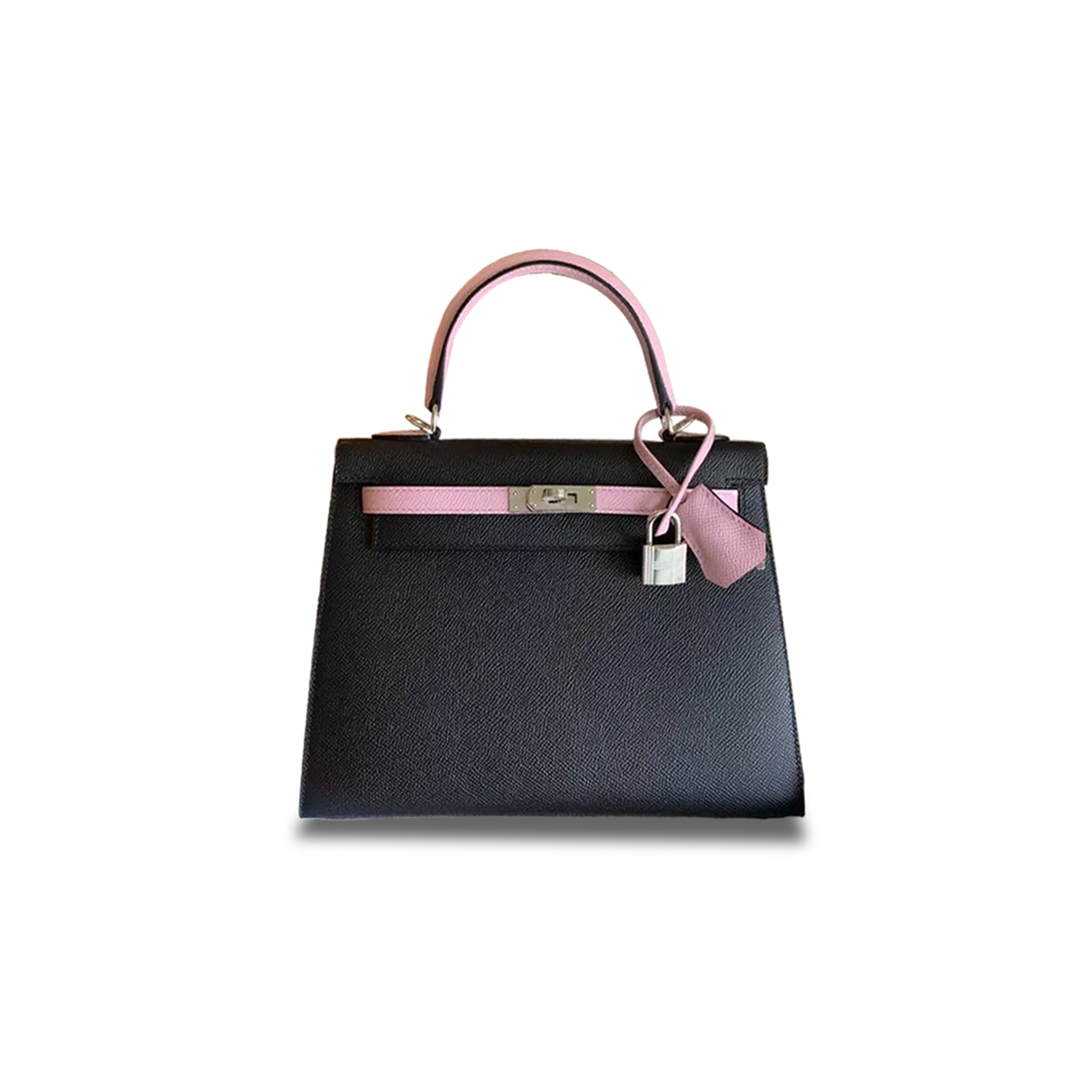 H**mes master kelly 25 epsom black with mallow purple silver buckle (25*17*7cm)